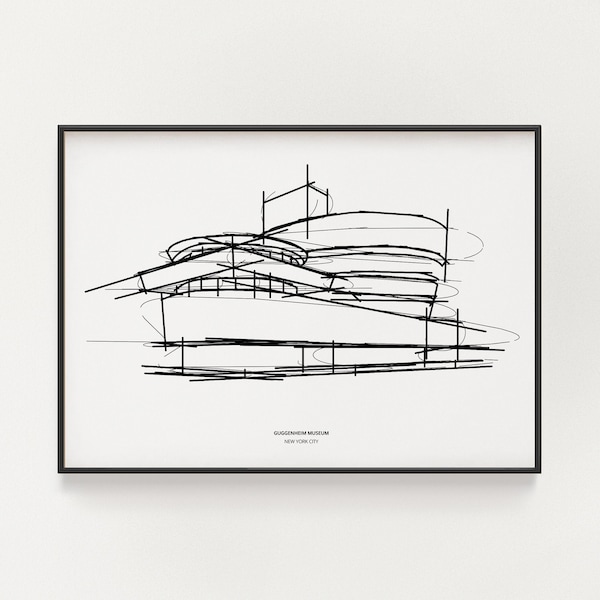 Guggenheim Museum Sketch, Minimalist Line Drawing, Modern Architecture Frank Lloyd Wright, Digital Print, Urban Chic, Unique Gift, Gallery