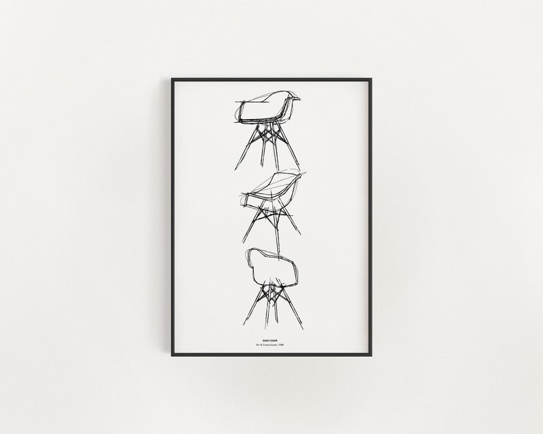 May include: Black and white line drawing of a chair design. The drawing shows the chair from different angles. The text "Eames Chair" is at the bottom of the image.