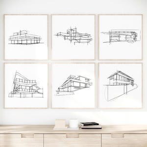 Set von 6 Kultigen 1930er Jahre modernistische Architektur-Skizzen, modernes schwarz-weißes Wohndekor, Line Art Print, Le Corbusier, Frank lllloyd Wright
