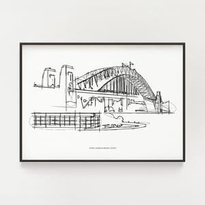 Sydney Harbour Bridge Sketch, Black and White Minimalist Architectural Wall Poster, Sydney Skyline drawing