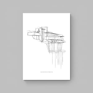 Schets van het vallende waterhuis van Frank Lloyd Wright, handgetekende minimalistische moderne architectuur uit het midden van de eeuw, afdrukbare muurkunst, architect cadeau