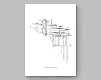 Frank Lloyd Wright&#39;s Falling Water House Sketch, hand drawn Minimalist Mid-Century Modern Architecture, Printable Wall Art, Architect Gift
