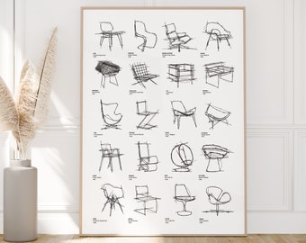 Mid-Century Bauhaus chairs design drawings, Interior Design print, Gift for students, Line art sketch printable Wall Art