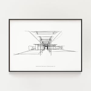 May include: A black and white architectural line drawing of the Sinatra Estate Twin Palms, designed by E. Stewart Williams in 1947. The artwork features a perspective sketch of a building with a flat roof and vertical supports, framed in black.