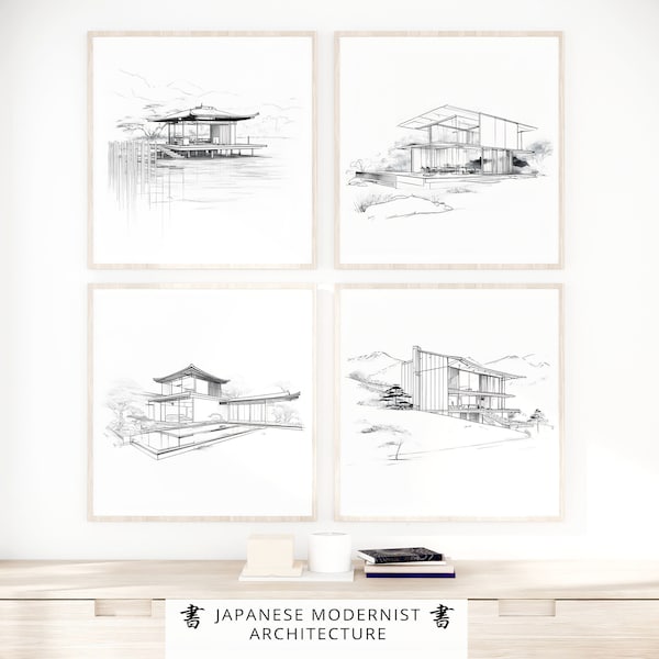 Set of 4 Japanese Modernist Wall Art Sketches, Minimalist Vintage Gallery Wall Set, Japanese Bundle Artworks, Asian Printable Line Art,