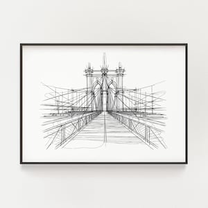 Brooklyn Bridge Sketch, Black and White Minimalist Architectural Wall Poster, NYC Skyline drawing