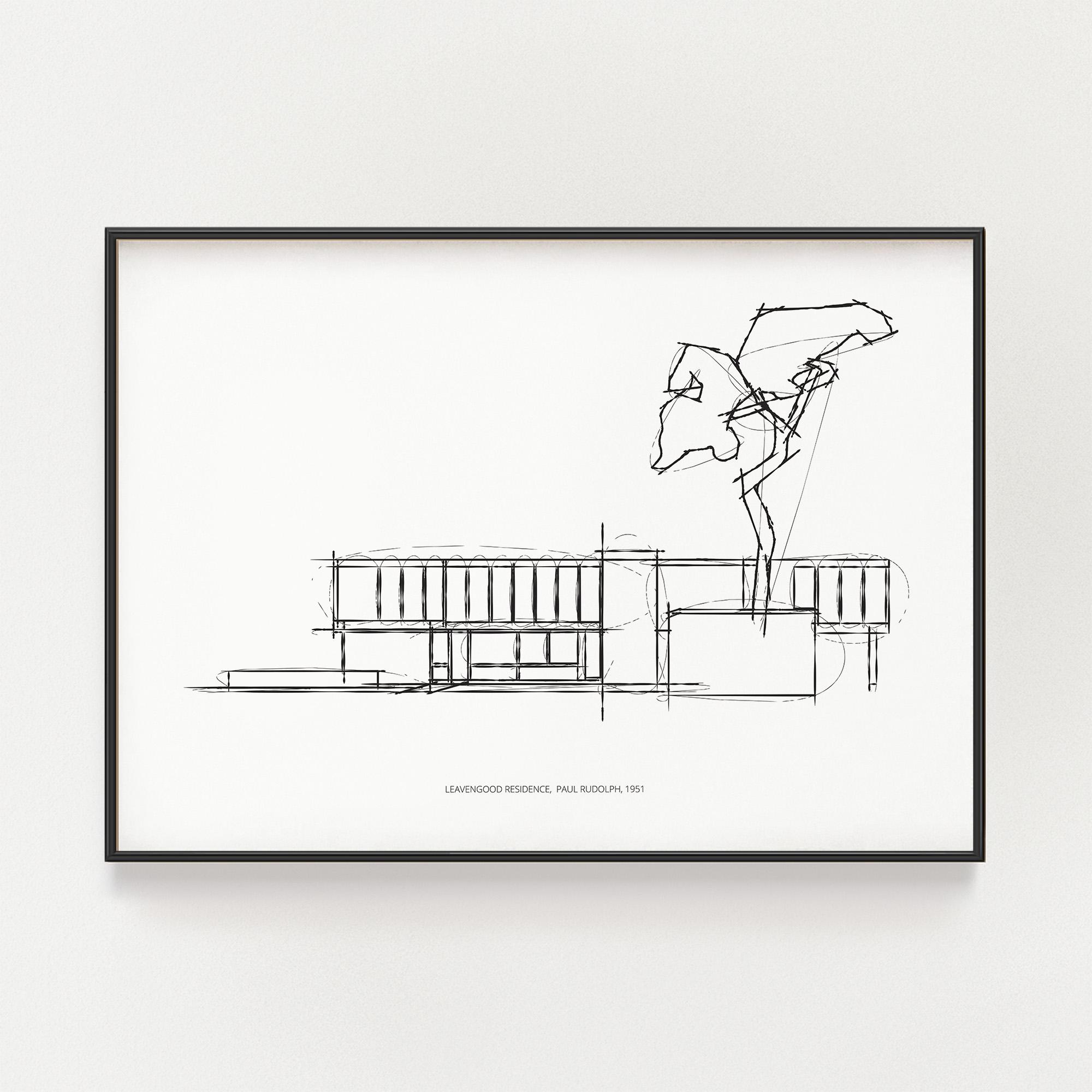 希少特大 ポール・ルドルフ 建築図面 版画 2枚セット 額装済 NY画商旧蔵 リーベングッド邸の図面：ポール・ルドルフ建築スケッチ（デジタル
