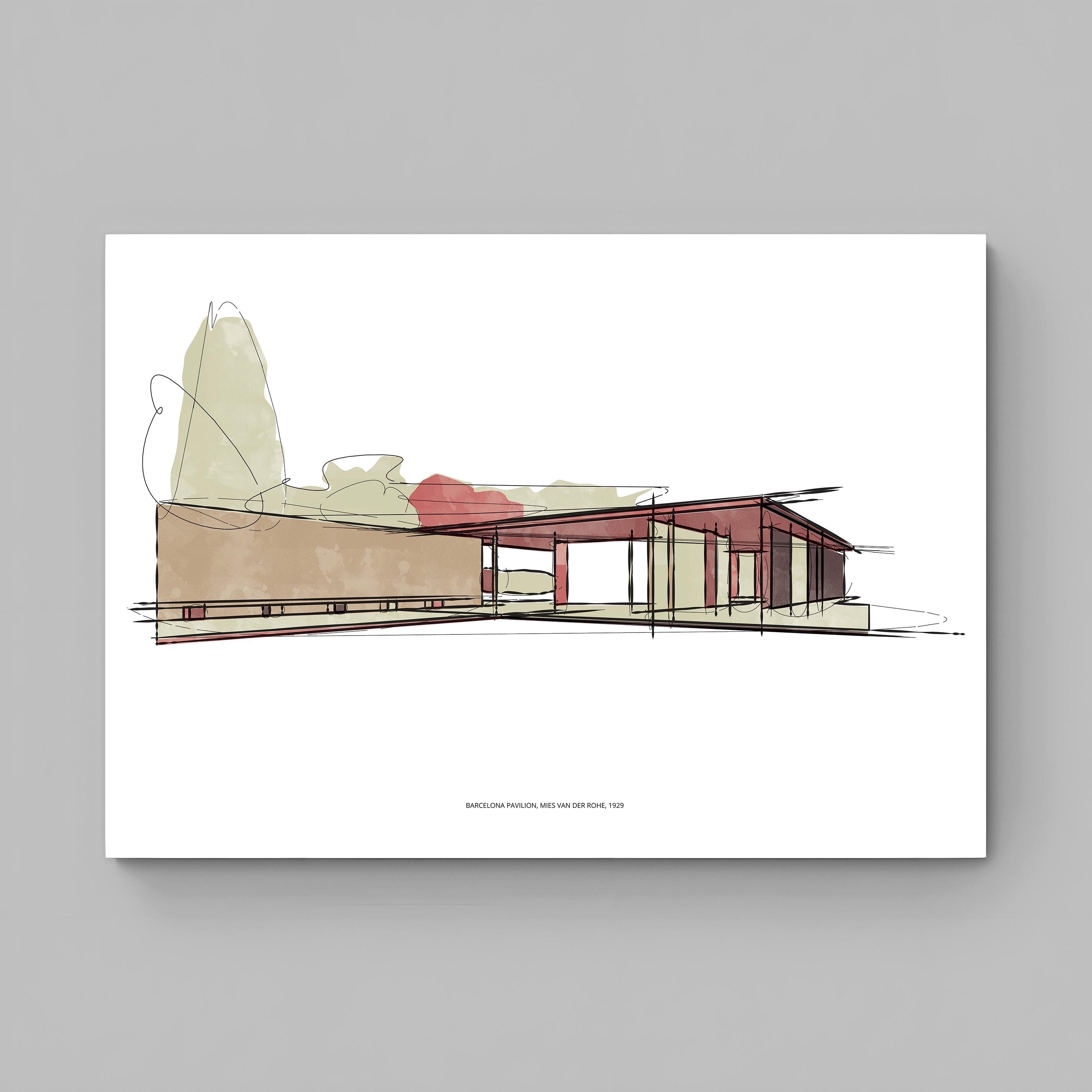 Mies Van Der Rohe Barcelona Pavilion Sketch, Colorful