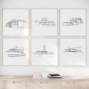 Set von 6 Frank lllloyd Wright Architektur Skizzen, modernes schwarz-weißes Wohndekor, Linie Kunstdruck, Geschenk Architekt, modernistische Architektur