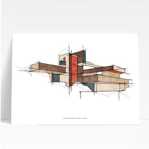 Falling Water House, Minimalist colorful Mid-Century Modern Architecture Art, Frank Lloyd Wright, Gift for Architects
