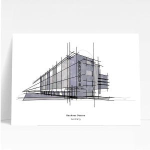 Bauhaus Building, Minimalist Colorful Printable Architecture Art, Walter Gropius Design, Watercolor art, Architect Gift