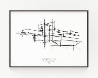 Print van Fallingwater House: Architectuurschets van Frank Lloyd Wright (digitale download)