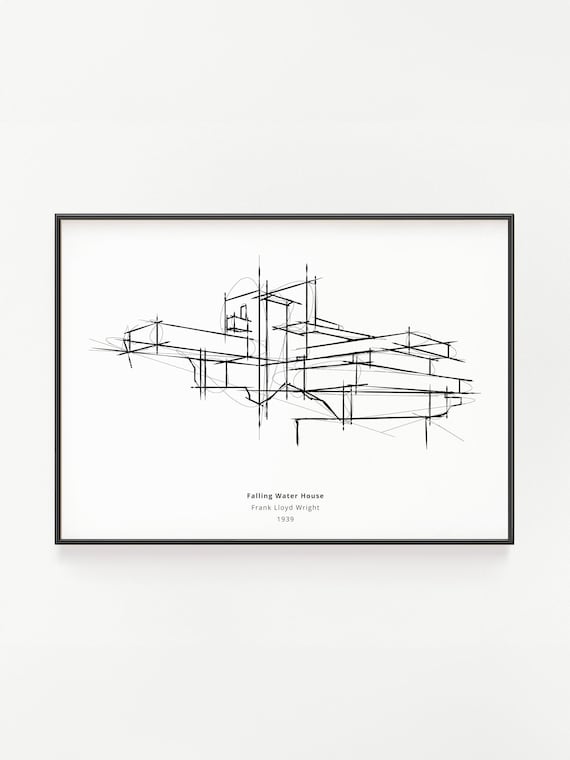落水荘の版画：フランク・ロイド・ライトの建築スケッチ（デジタル