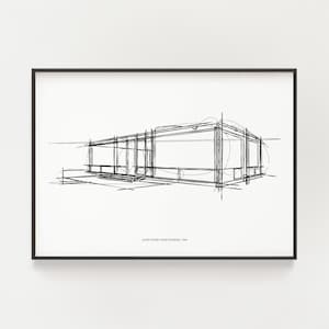Glass House minimalist Sketch, iconic Philip Johnson design, Mid-Century Modern Architecture drawing, Interior design decor, Architect gift