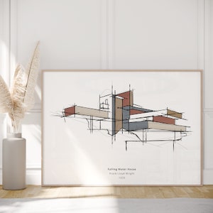 Frank Lloyd Wright's Falling Water House, Minimalist Mid-Century Modern Architecture, Printable Wall Art, Gift for Architect.