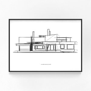 Szkic willi Mairea, rysowany ręcznie Minimalistyczna architektura Mid-Century Modern, drukowana sztuka ścienna
