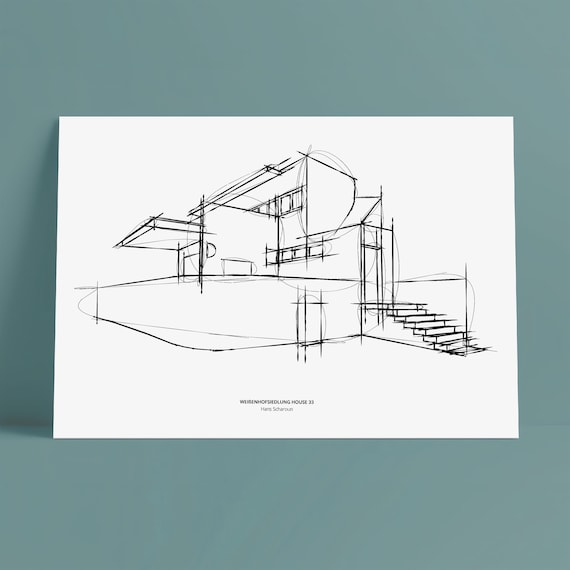 Weißenhofsiedlung House 33 Sketch, Hans Scharoun, Modernist Mid