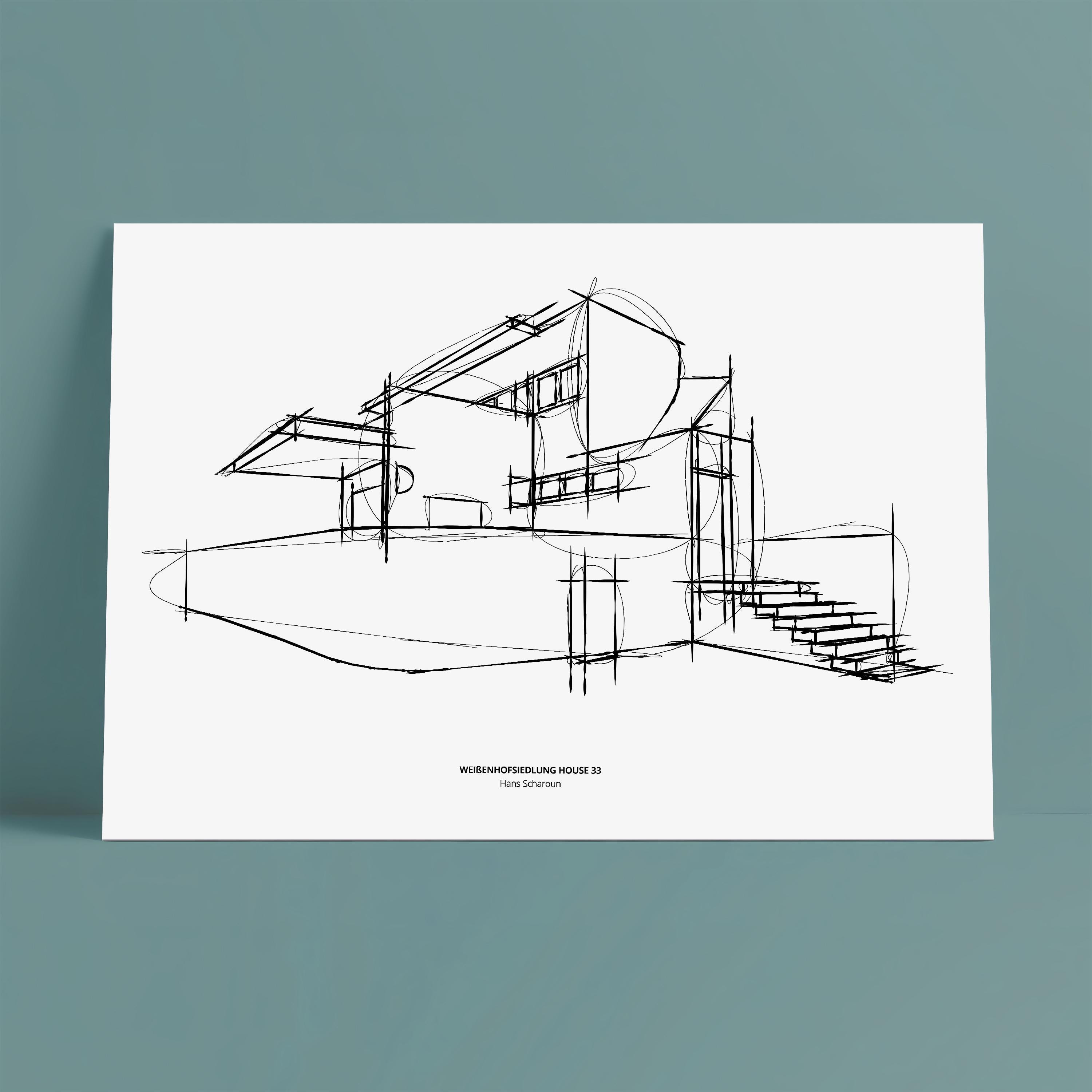 Weißenhofsiedlung House 33 Sketch, Hans Scharoun, Modernist Mid