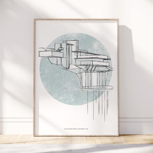 Falling Water House Printable Art Sketch, Modern Interior Design Wall Decor, Line illustration , Student Poster gift, Frank Lloyd Wright