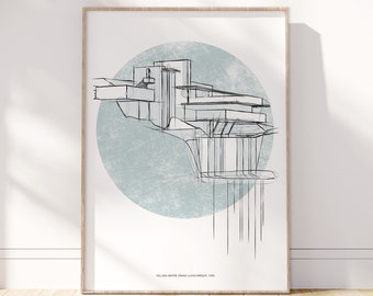 Skiss av ett konsttryck med fallande vatten: Frank Lloyd Wright (digital nedladdning)