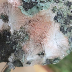 Op de afbeelding: Close-up van een mineraalmonster met stralende clusters van witte, naaldachtige kristallen. De rotsmatrix toont een mix van kleuren, waaronder zwart, groen en een zachte perziktint, waardoor een textuur en natuurlijk uiterlijk ontstaat. De kristallen zijn het middelpunt.