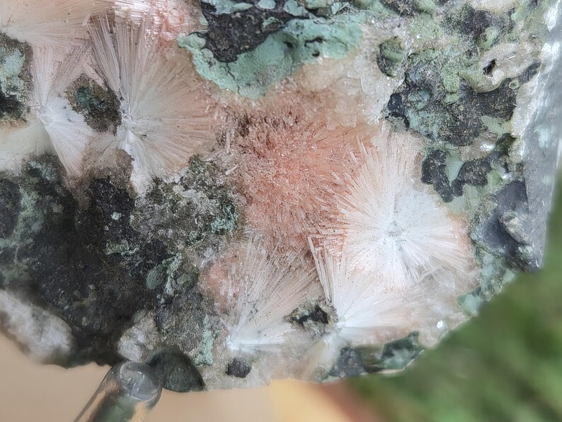 Op de afbeelding: Close-up van een mineraalmonster met stralende clusters van witte, naaldachtige kristallen. De rotsmatrix toont een mix van kleuren, waaronder zwart, groen en een zachte perziktint, waardoor een textuur en natuurlijk uiterlijk ontstaat. De kristallen zijn het middelpunt.