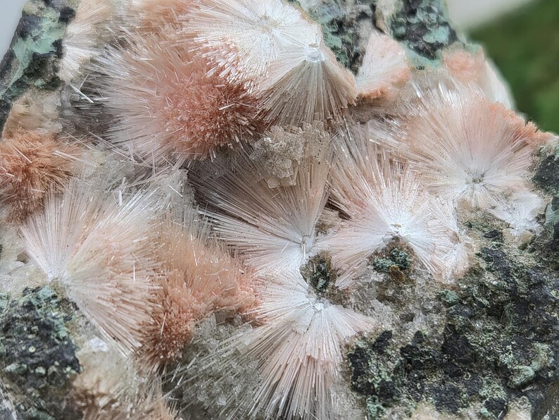 Op de afbeelding: Close-up van een mineraalmonster met clusters van uitstralende, naaldachtige kristallen. De kristallen zijn voornamelijk wit en perzik van kleur, geplaatst tegen een donkere, getextureerde matrix met groene vlekken.