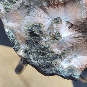 Op de afbeelding: Close-up van een mineraalmonster met stralende clusters van witte, naaldachtige kristallen. De kristallen zijn geplaatst tegen een achtergrond van donkergrijze en groene rotsen, met hints van perzikgekleurde formaties.