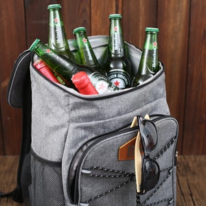 Pu&ograve; includere: Uno zaino termico grigio riempito di bottiglie di birra Heineken verdi e alcune bottiglie rosse. Occhiali da sole neri sono agganciati alla tasca anteriore. Lo zaino &egrave; su una superficie di legno.