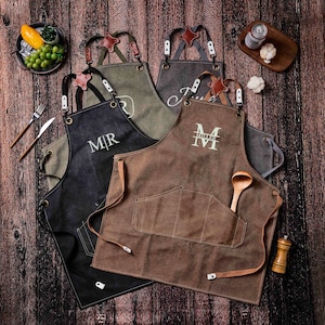 Gepersonaliseerde canvas schort, aangepast vaderdagcadeau voor mannen, barmanschort, geborduurde schort voor papa, barbecueschort, koksschort heren