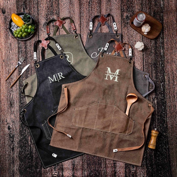 Personalized Canvas Apron, Custom Father's Day Gift For Men, Bartender's Apron, Embroidered Apron for Dad, Barbeque Apron, Men's Chef Apron