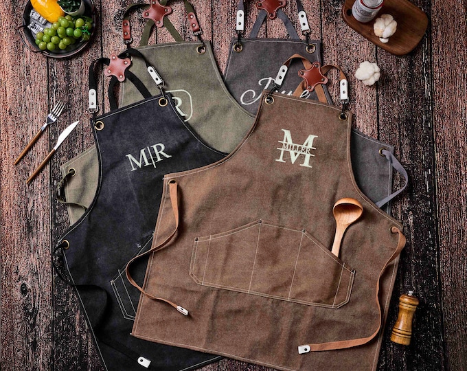 Personalized Canvas Apron, Custom Father's Day Gift For Men, Bartender's Apron, Embroidered Apron for Dad, Barbeque Apron, Men's Chef Apron