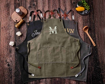 Personalized Canvas Apron, Custom Father's Day Gift For Men, Bartender's Apron, Embroidered Apron for Dad, Barbeque Apron, Men's Chef Apron