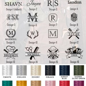 May include: Image displaying embroidery design options, featuring different fonts and monograms. A colour chart shows thread colours such as white, silver, black, navy blue, and gold. The text at the top reads "Choose Embroidery Design."