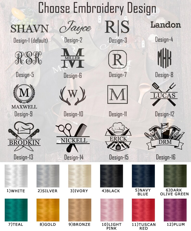 May include: Image displaying embroidery design options, featuring different fonts and monograms. A colour chart shows thread colours such as white, silver, black, navy blue, and gold. The text at the top reads "Choose Embroidery Design."