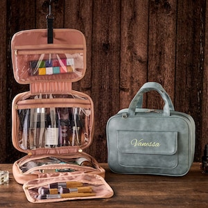 Personalisierte hängende Leder Make-up Tasche, Brautjungfer Geschenke Vorschlag, Kosmetiktasche Geschenke für sie, Brautparty Geschenke, Junggesellinnenabschied Gefälligkeiten