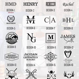 Puede incluir: Imagen que muestra opciones de dise&ntilde;o para art&iacute;culos personalizados. Los dise&ntilde;os incluyen monogramas, nombres y gr&aacute;ficos como monta&ntilde;as, bates de b&eacute;isbol, palos de golf y un esmoquin. El texto incluye "DESIGN OPTIONS" y varios nombres y fechas.