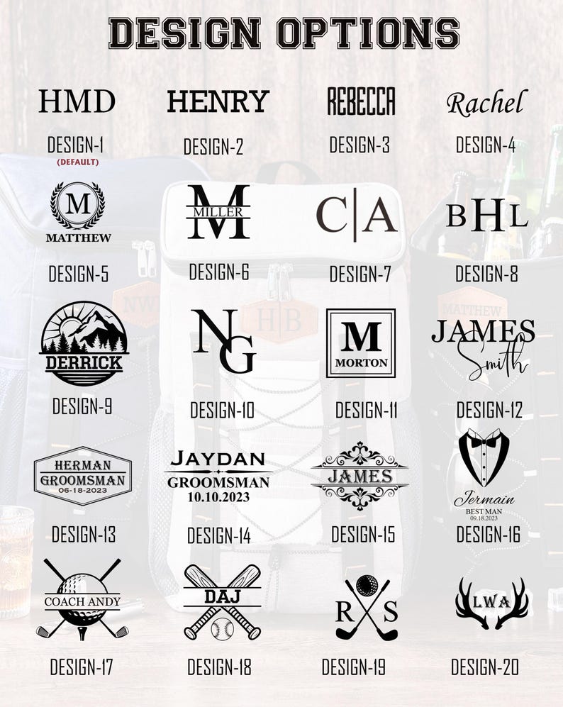 Puede incluir: Imagen que muestra opciones de dise&ntilde;o para art&iacute;culos personalizados. Los dise&ntilde;os incluyen monogramas, nombres y gr&aacute;ficos como monta&ntilde;as, bates de b&eacute;isbol, palos de golf y un esmoquin. El texto incluye "DESIGN OPTIONS" y varios nombres y fechas.