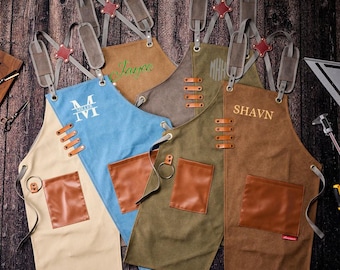 Personalized Groomsmen Gift Aprons, Embroidered Canvas Leather Chef Apron, Custom Barbeque Apron,Best Man Gift,Rustic Wedding Favors for Men