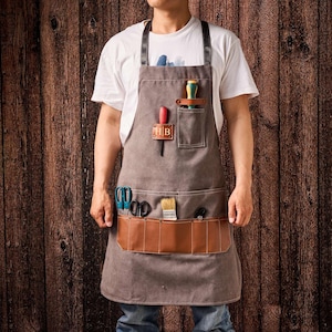 Personalized Bar Apron, PU Leather Workshop Apron with Pockets, Custom Gift for Him, Engraved Kitchen Apron, Barbeque Apron, Bartender Apron