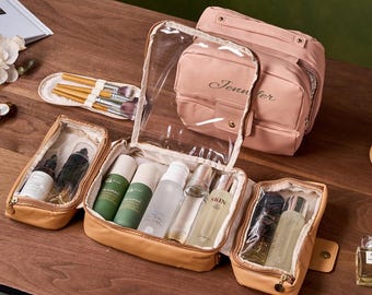 Personalized Bridesmaid Makeup Bag, Detachable Travel Cosmetic Organizer, Water Resistant PU Toiletry Case, Gift for Her