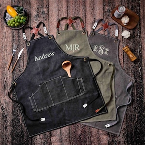 Personalized Bar Apron, Canvas Workshop Apron with Pockets, Custom Gifts for Men, Embroidered Kitchen Apron, Barbeque Apron, Bartender Apron