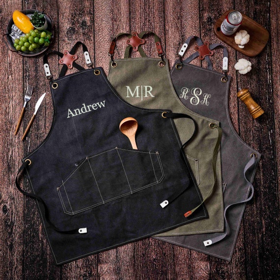 Personalized Bar Apron, Canvas Workshop Apron with Pockets, Custom Gifts for Men, Embroidered Kitchen Apron, Barbeque Apron, Bartender Apron