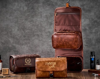 Personalized Hanging Toiletry Bag For Men, Gifts For Him, Custom Faux Leather Cosmetic Organizer, Detachable Travel Dopp Kit, Christmas Gift