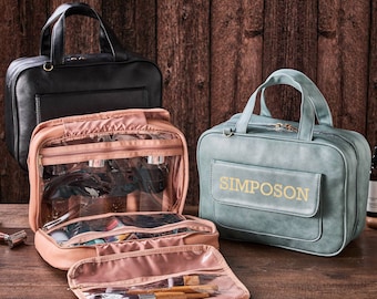 Personalized Hanging PU Leather Cosmetic Bag: Water-Resistant Toiletry Travel Bag