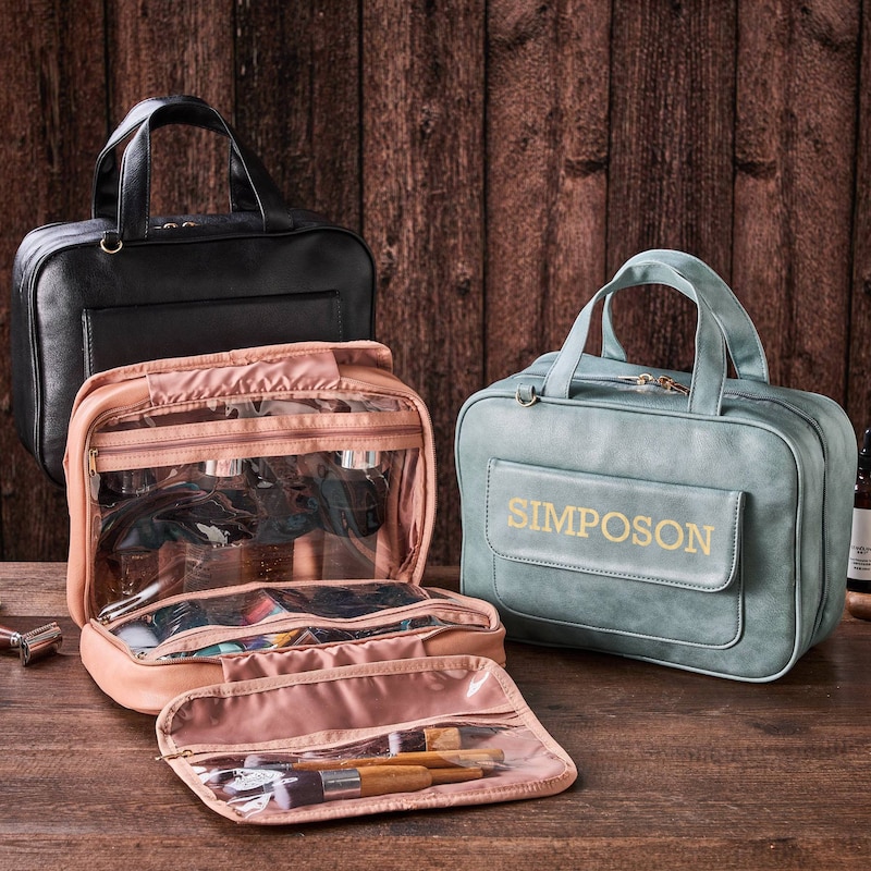 Personalized Hanging Cosmetic Bag, Makeup Toiletry Bag, Anniversary Gift, Gifts for Her, Water-Resistant Leather Toiletry Bag, Christmas Gift