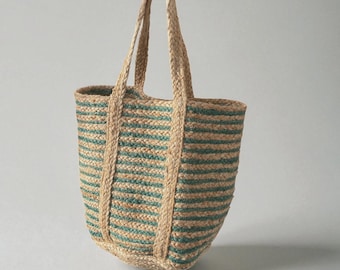 Green Striped Jute Basket Bag