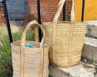 Gold & Natural Stripe Jute Basket Tote: Woven Basket Bag