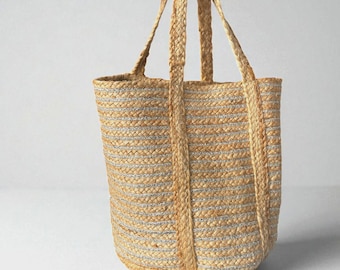 Silver Woven Straw Basket Bag | Handmade Braided Jute Tote | Eco-Friendly Basket Handbag UK | Boho Market Shopper Bag