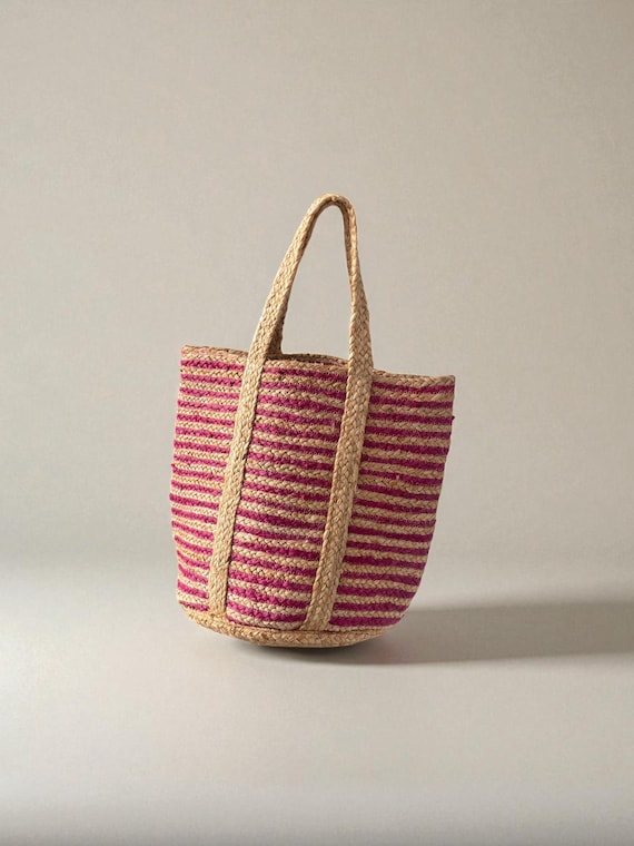 Pink & Natural Stripe Jute Basket Tote | Woven Straw Handbag | Handmade Braided Jute Bag | Eco Market Shopper | Boho Summer Bag UK